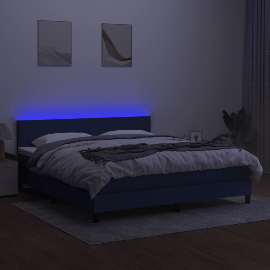 Cama box spring con colchón y LED tela azul 160x200