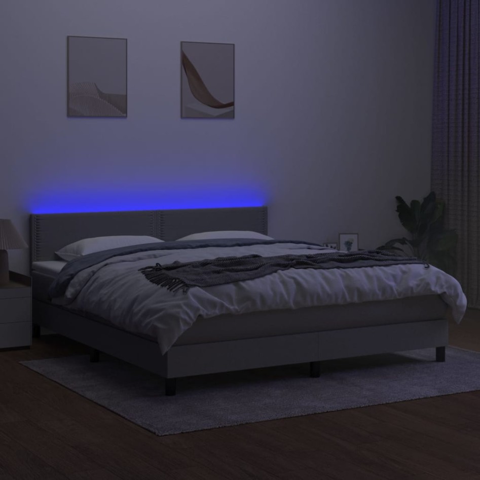 Cama box spring colchón y luces LED tela gris claro 180x200