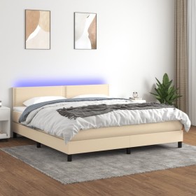 Cama box spring colchón y luces LED tela crema 180x200