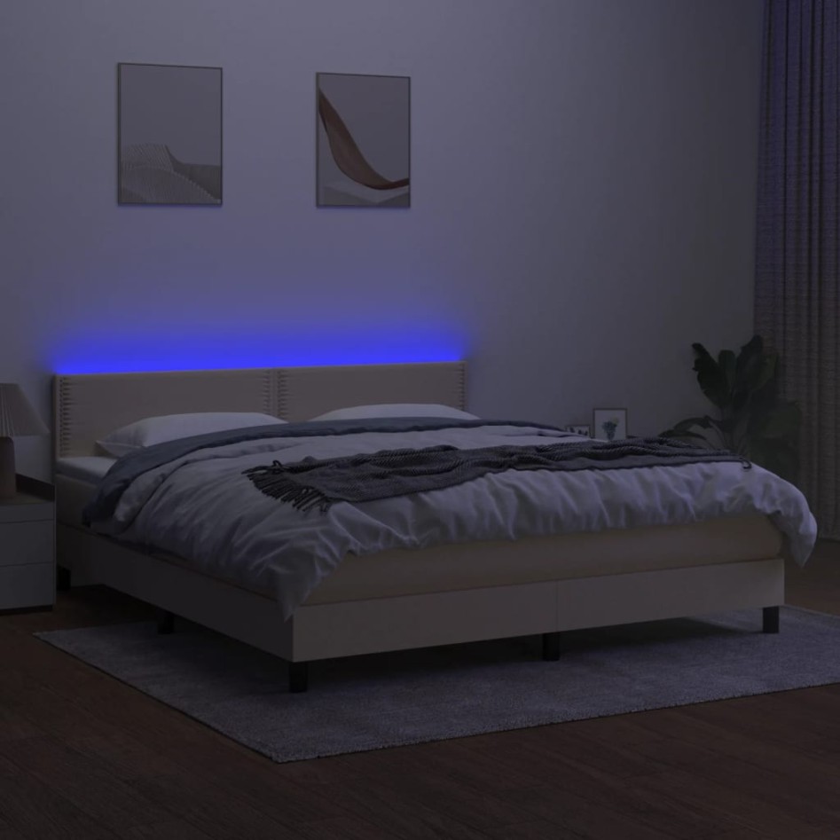 Cama box spring colchón y luces LED tela crema 180x200