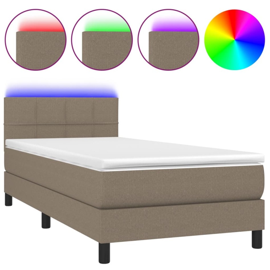 Cama box spring colchón y luces LED tela gris taupe 90x190
