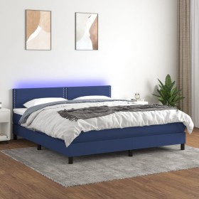 Cama box spring colchón y luces LED tela azul 160x200