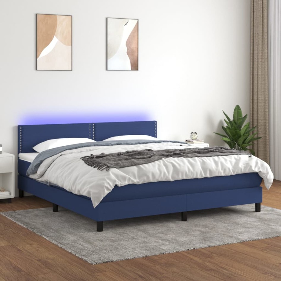 Cama box spring colchón y luces LED tela azul 160x200