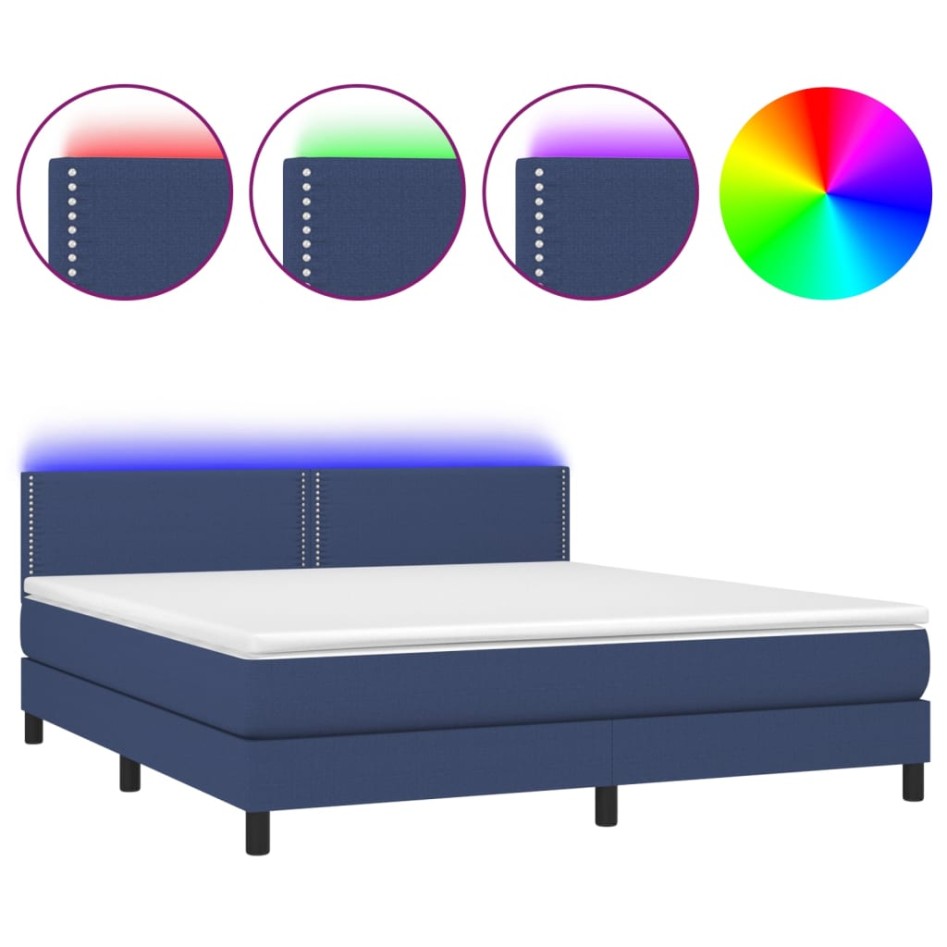 Cama box spring colchón y luces LED tela azul 160x200