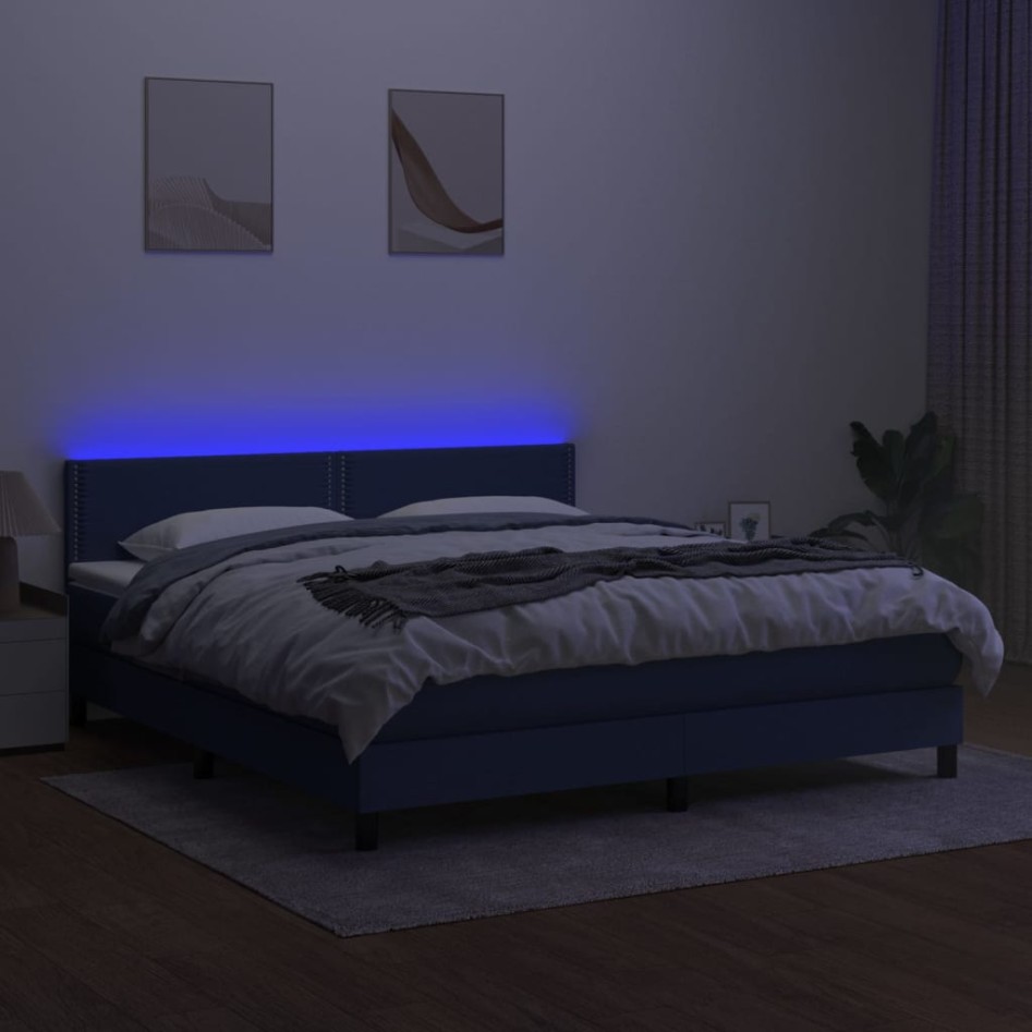 Cama box spring colchón y luces LED tela azul 160x200
