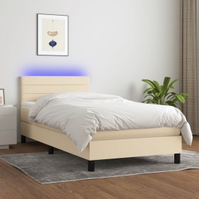 Cama box spring colchón y luces LED tela crema 80x200