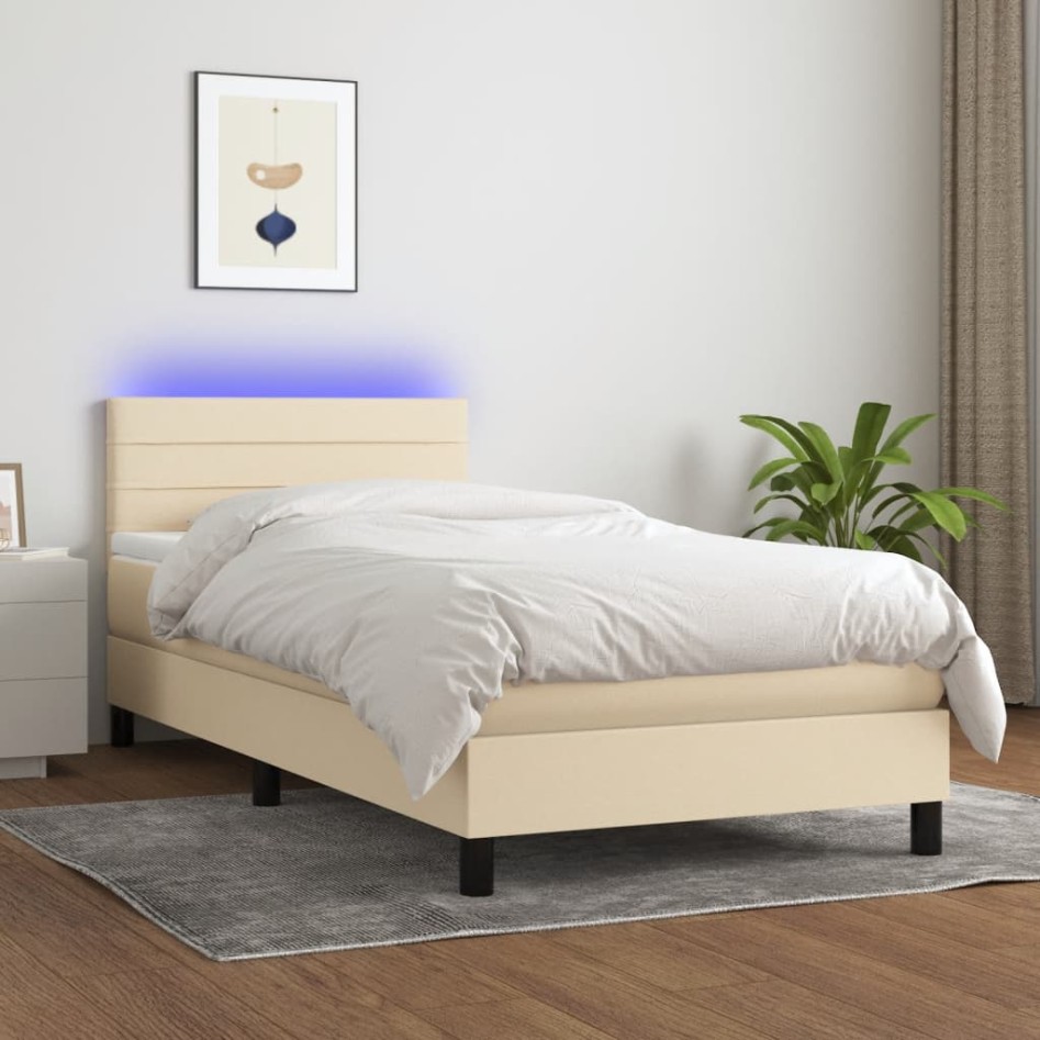 Cama box spring colchón y luces LED tela crema 80x200