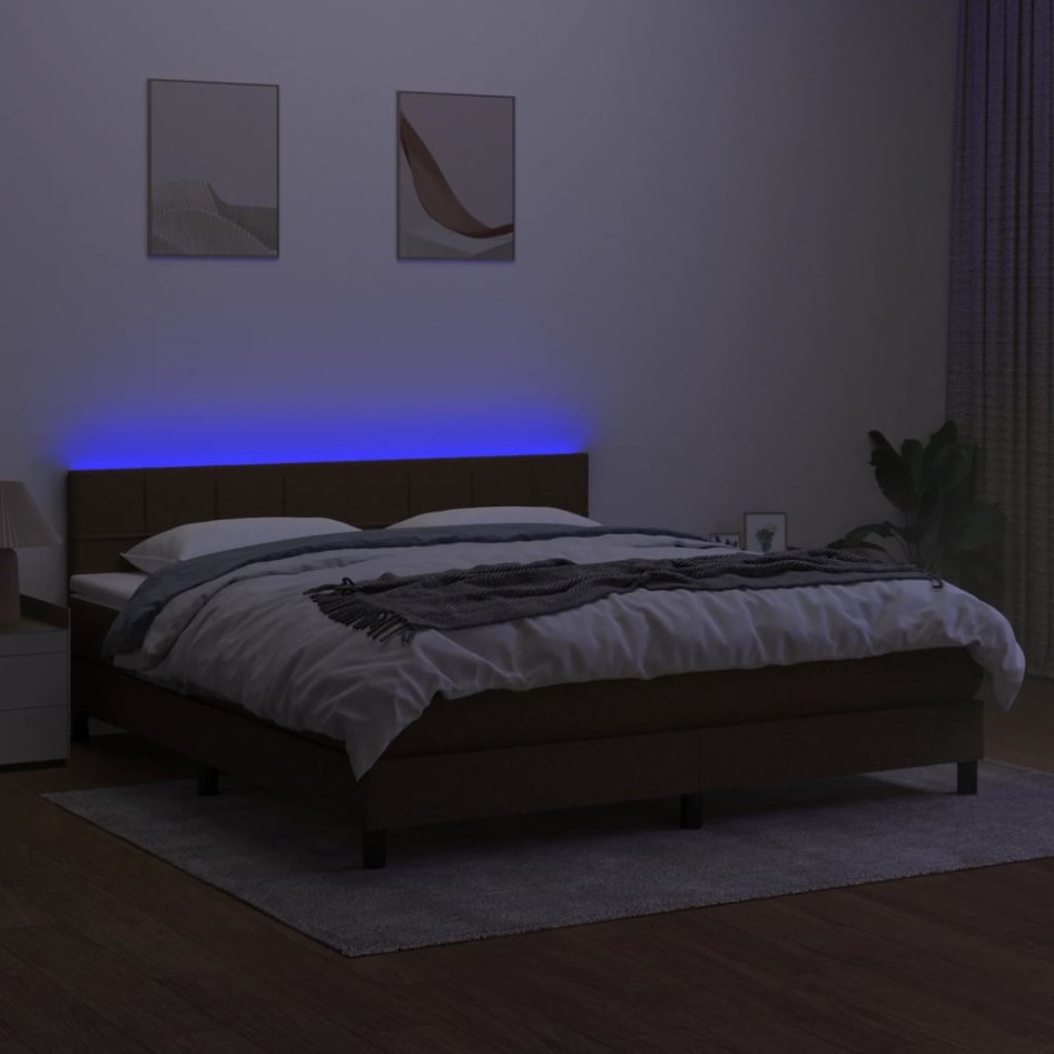 Cama box spring colchón luces LED tela marrón oscuro