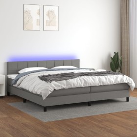 Cama box spring colchón y luces LED tela gris claro 200x200