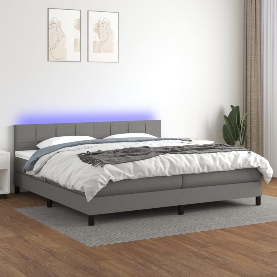 Cama box spring colchón y luces LED tela gris claro 200x200
