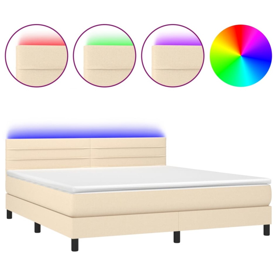 Cama box spring colchón y luces LED tela crema 160x200
