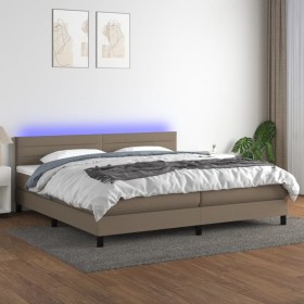 Cama box spring colchón y luces LED tela gris taupe 200x200
