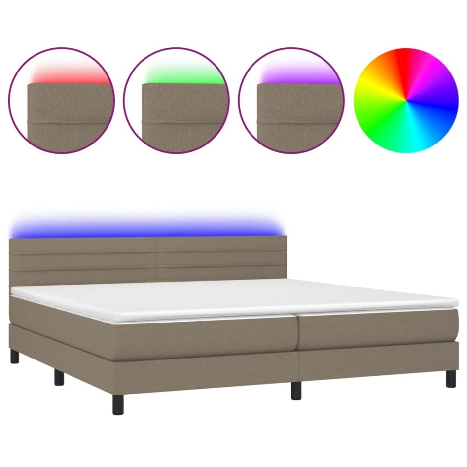 Cama box spring colchón y luces LED tela gris taupe 200x200
