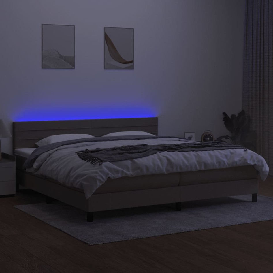 Cama box spring colchón y luces LED tela gris taupe 200x200
