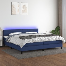 Cama box spring colchón y luces LED tela azul 200x200