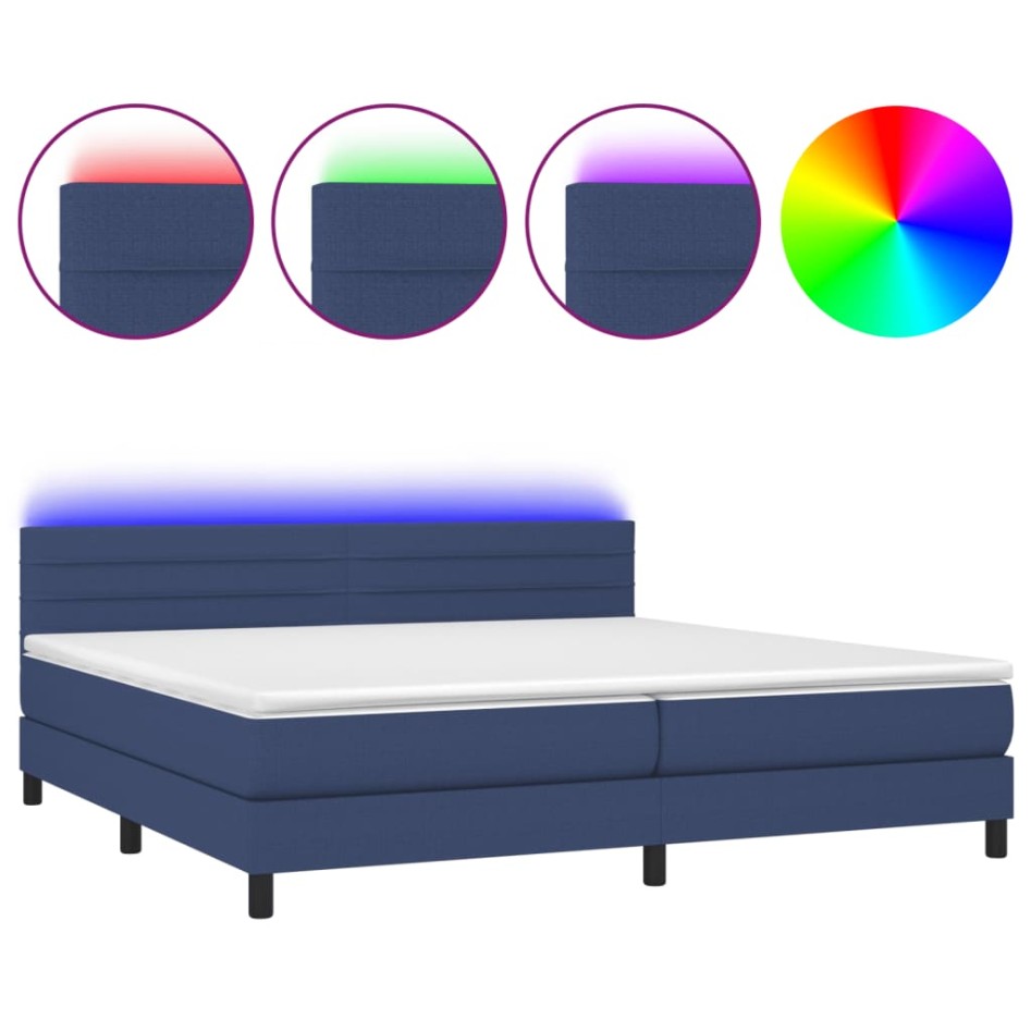 Cama box spring colchón y luces LED tela azul 200x200