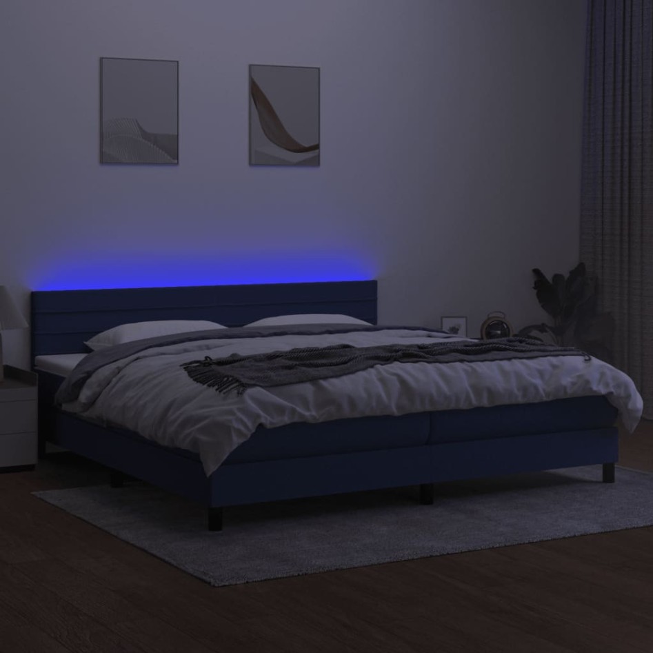 Cama box spring colchón y luces LED tela azul 200x200
