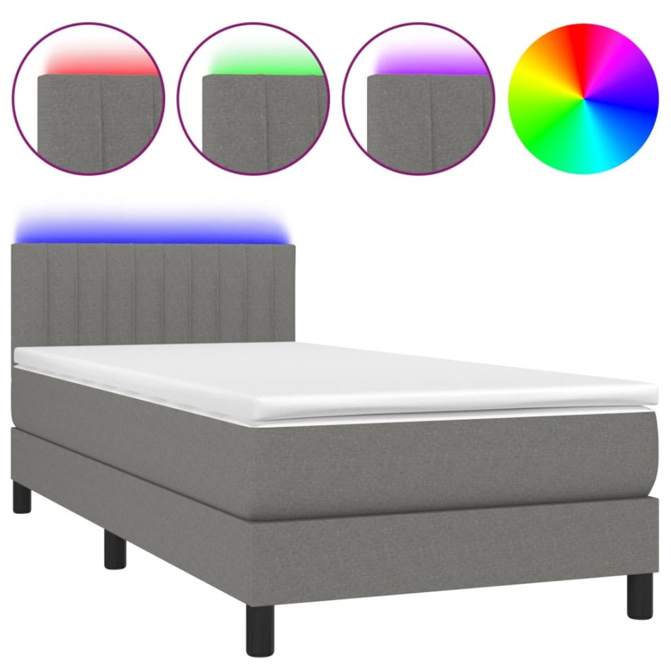 Cama box spring colchón y luces LED tela gris oscuro 90x200