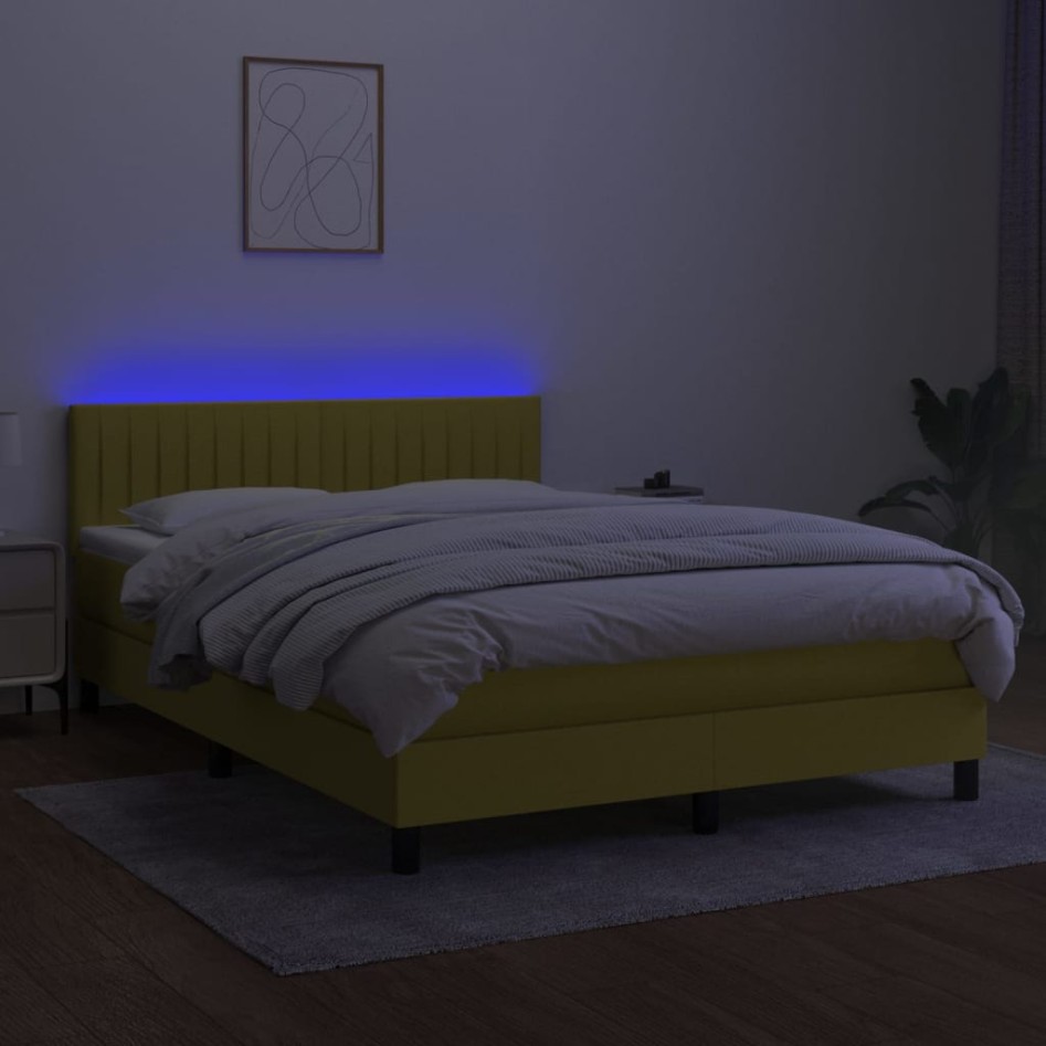 Cama box spring colchón y luces LED tela azul 140x190
