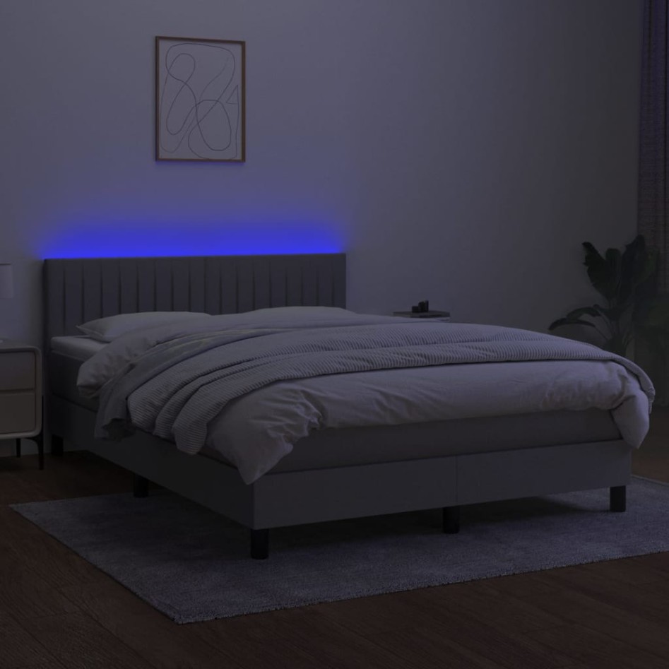 Cama box spring colchón y luces LED tela gris claro 140x200