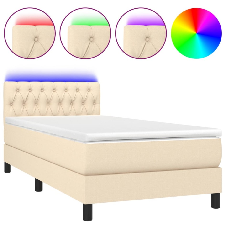 Cama box spring colchón y luces LED tela color crema 90x190