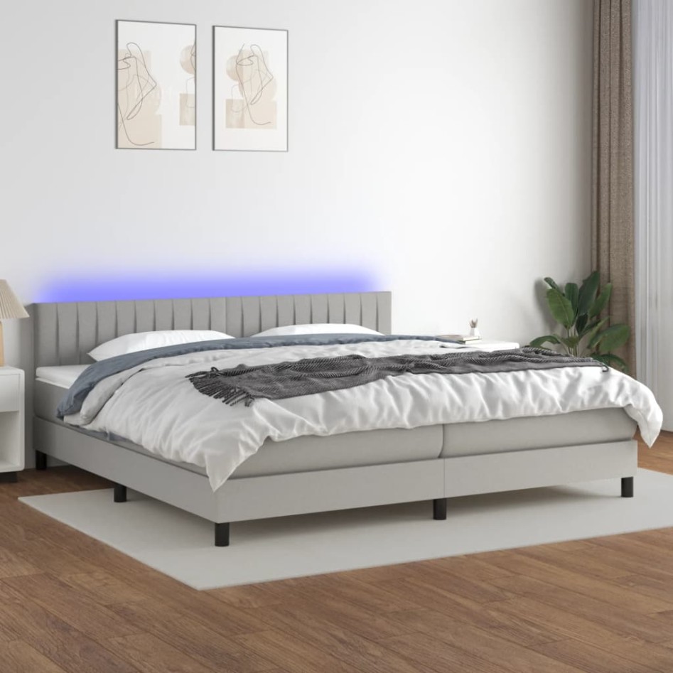 Cama box spring con colchón tela y LED gris claro 200x200