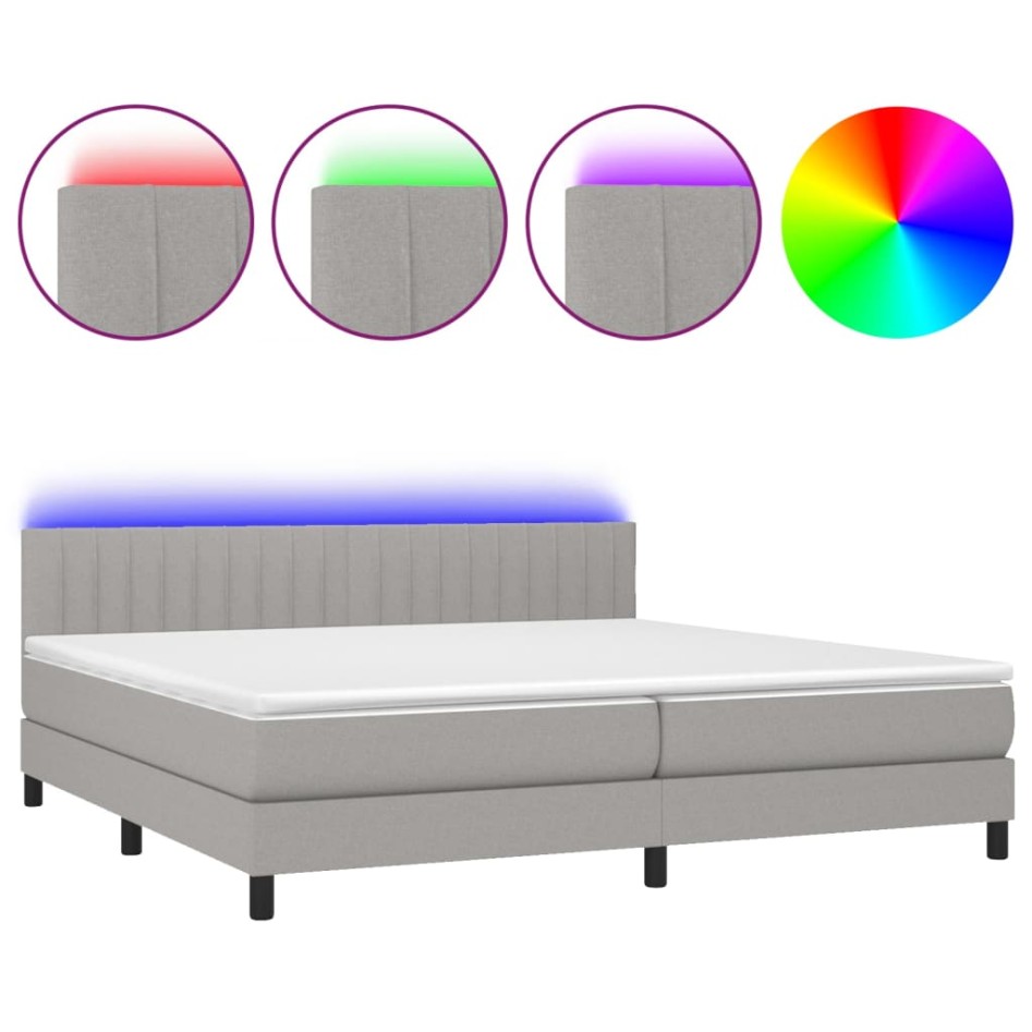 Cama box spring con colchón tela y LED gris claro 200x200
