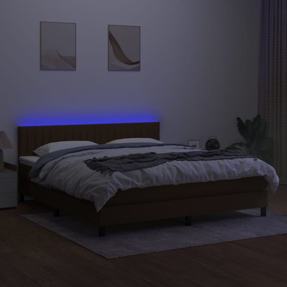 Cama box spring colchón luces LED tela marrón oscuro