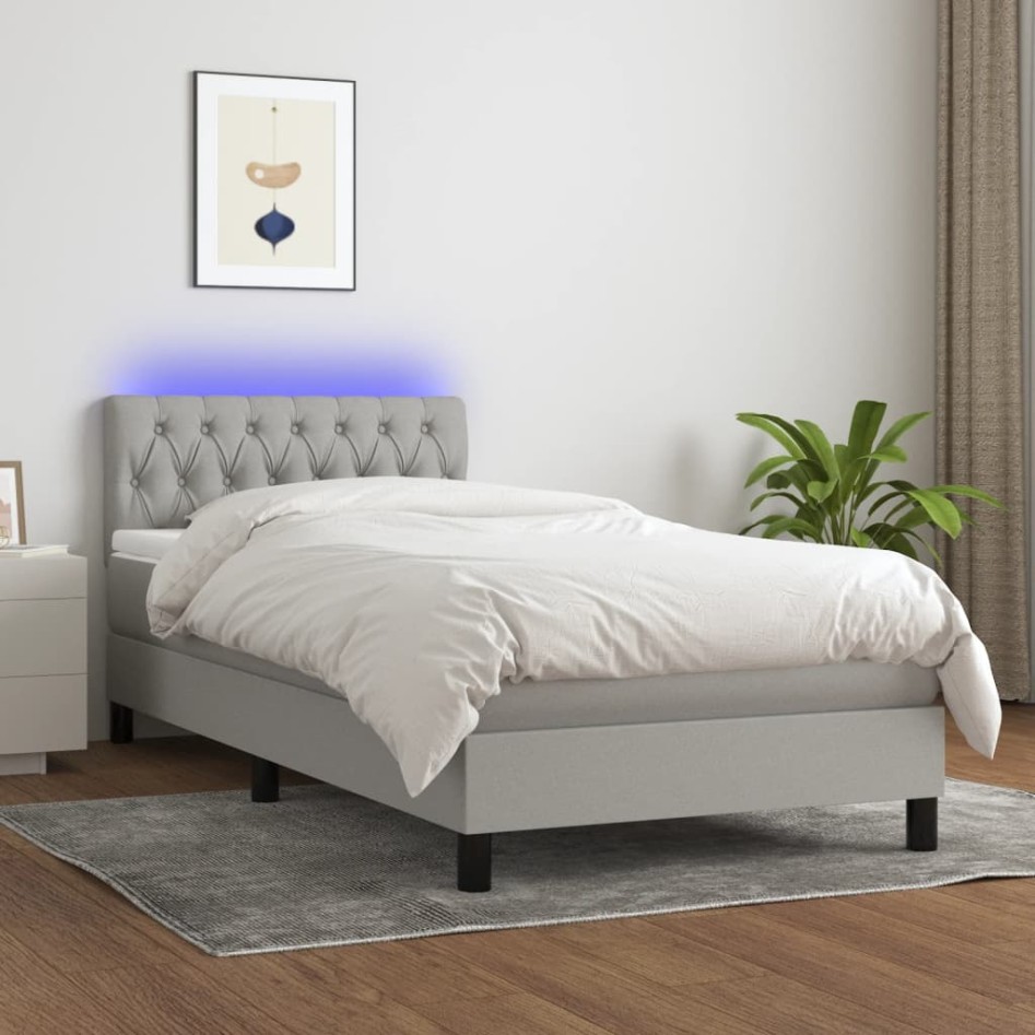 Cama box spring colchón y luces LED tela gris claro 90x190