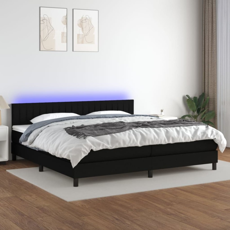 Cama box spring colchón y luces LED tela negro 200x200
