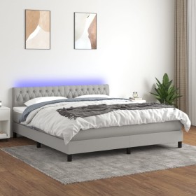 Cama box spring colchón y luces LED tela gris claro 180x200