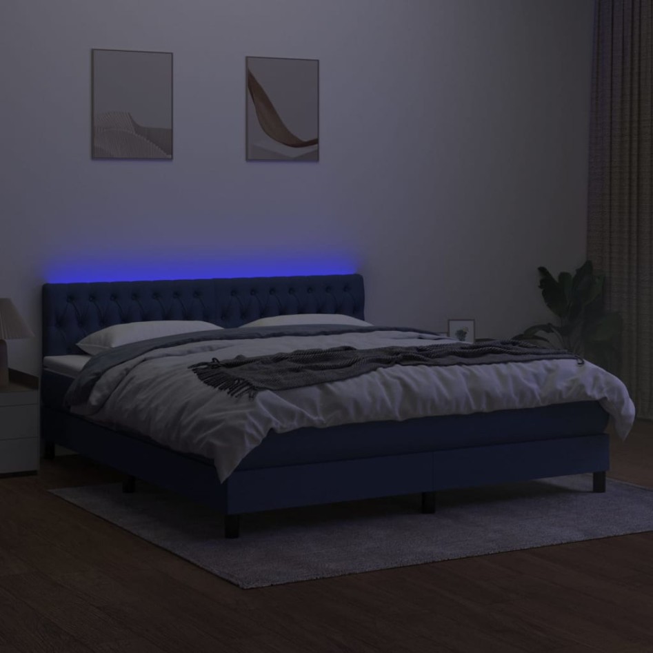 Cama box spring colchón y luces LED tela azul 160x200