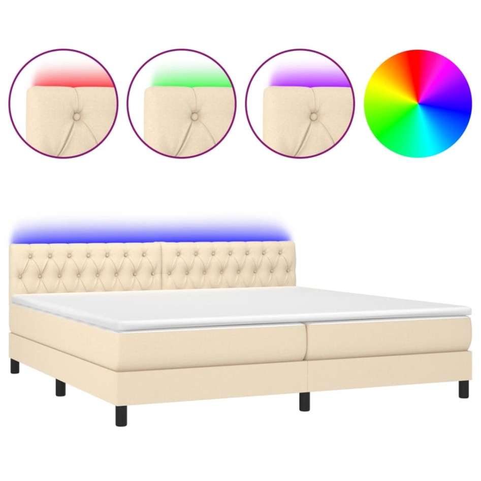 Cama box spring colchón y luces LED tela crema 200x200