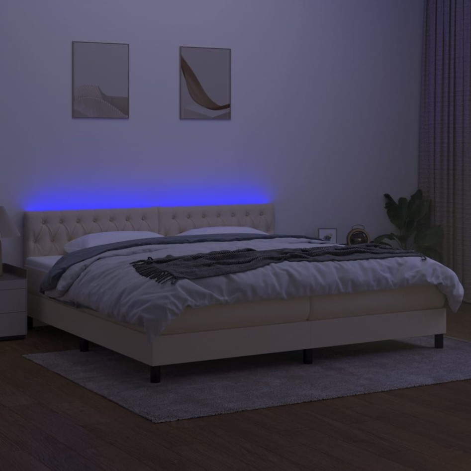 Cama box spring colchón y luces LED tela crema 200x200