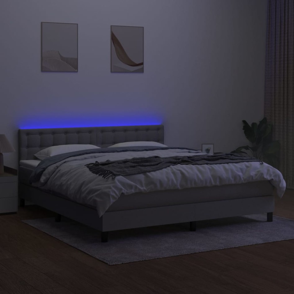 Cama box spring colchón y luces LED tela gris claro 180x200