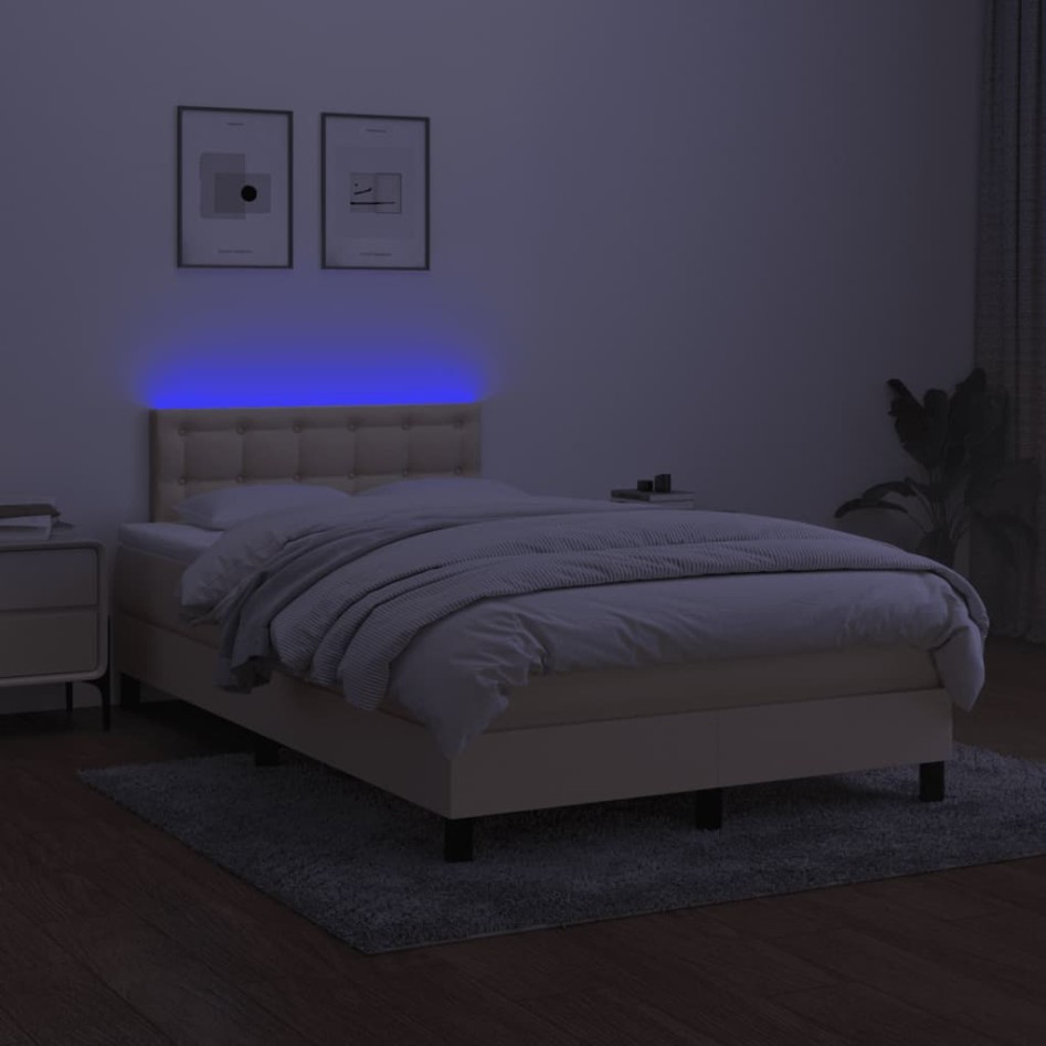 Cama box spring con colchón y LED tela crema 120x200