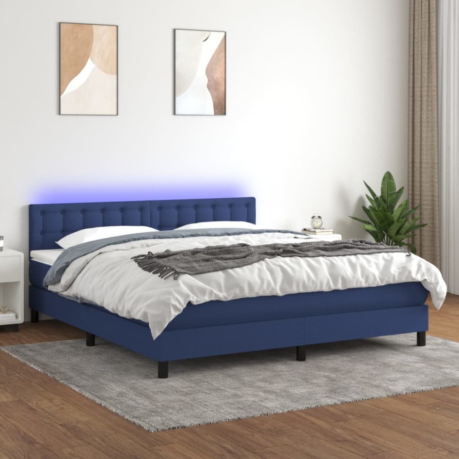 Cama box spring colchón y luces LED tela azul 160x200