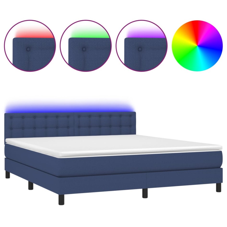 Cama box spring colchón y luces LED tela azul 160x200