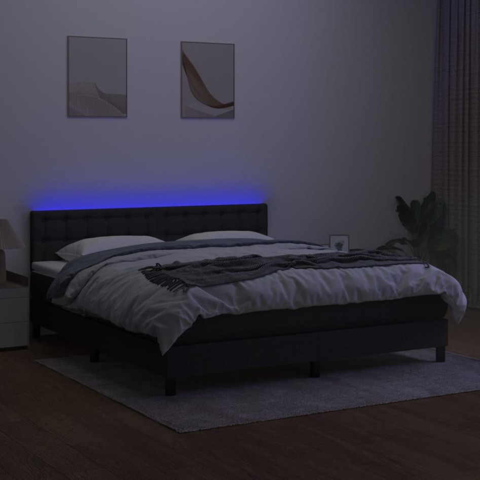 Cama box spring colchón y luces LED tela negro 160x200