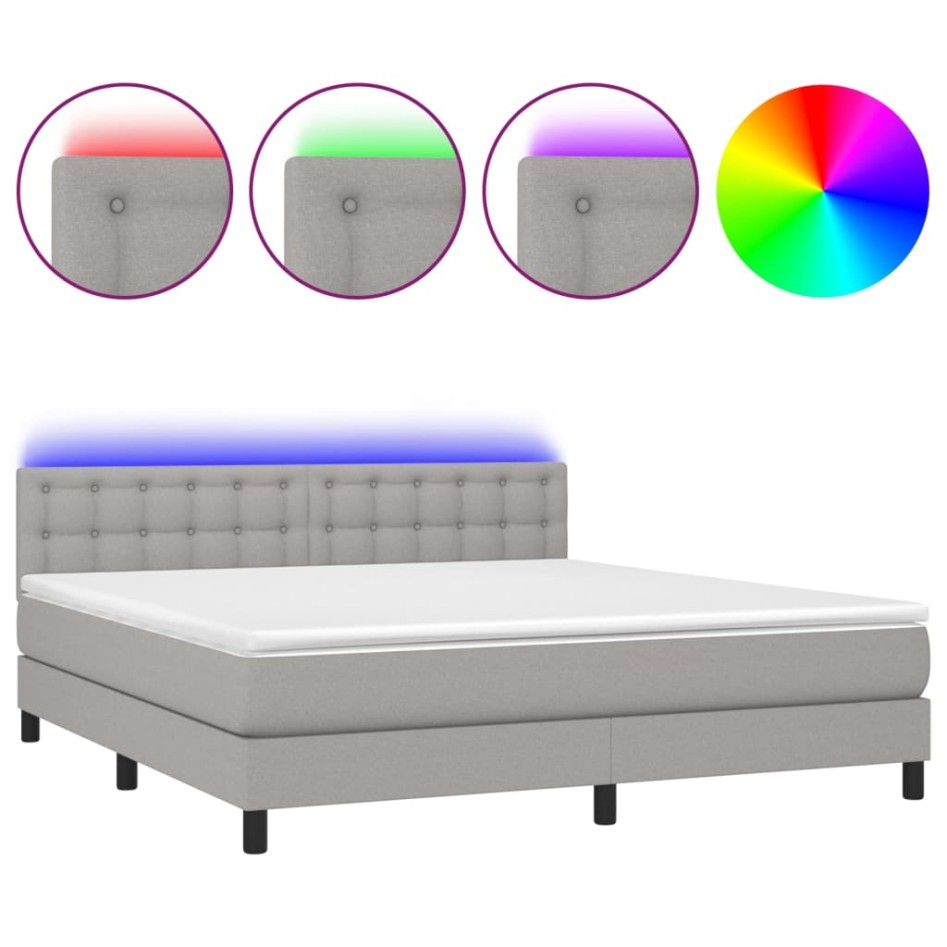 Cama box spring colchón y luces LED tela gris claro 160x200