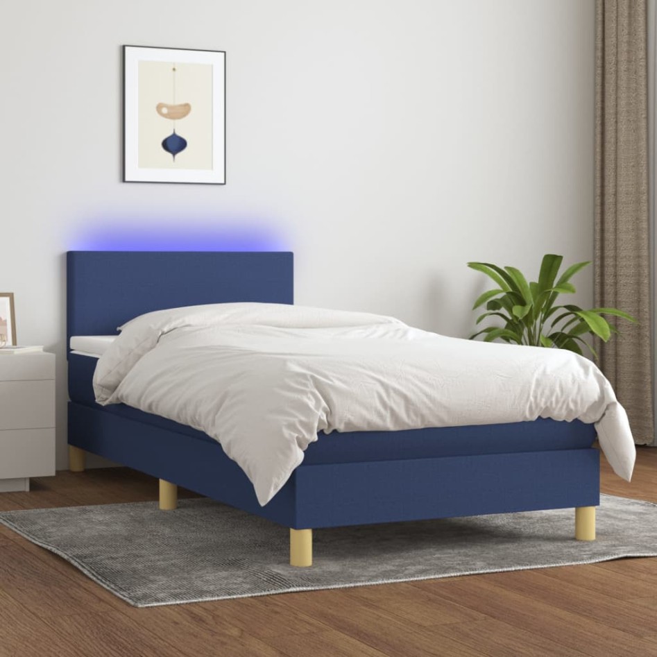 Cama box spring colchón y luces LED tela azul 90x190