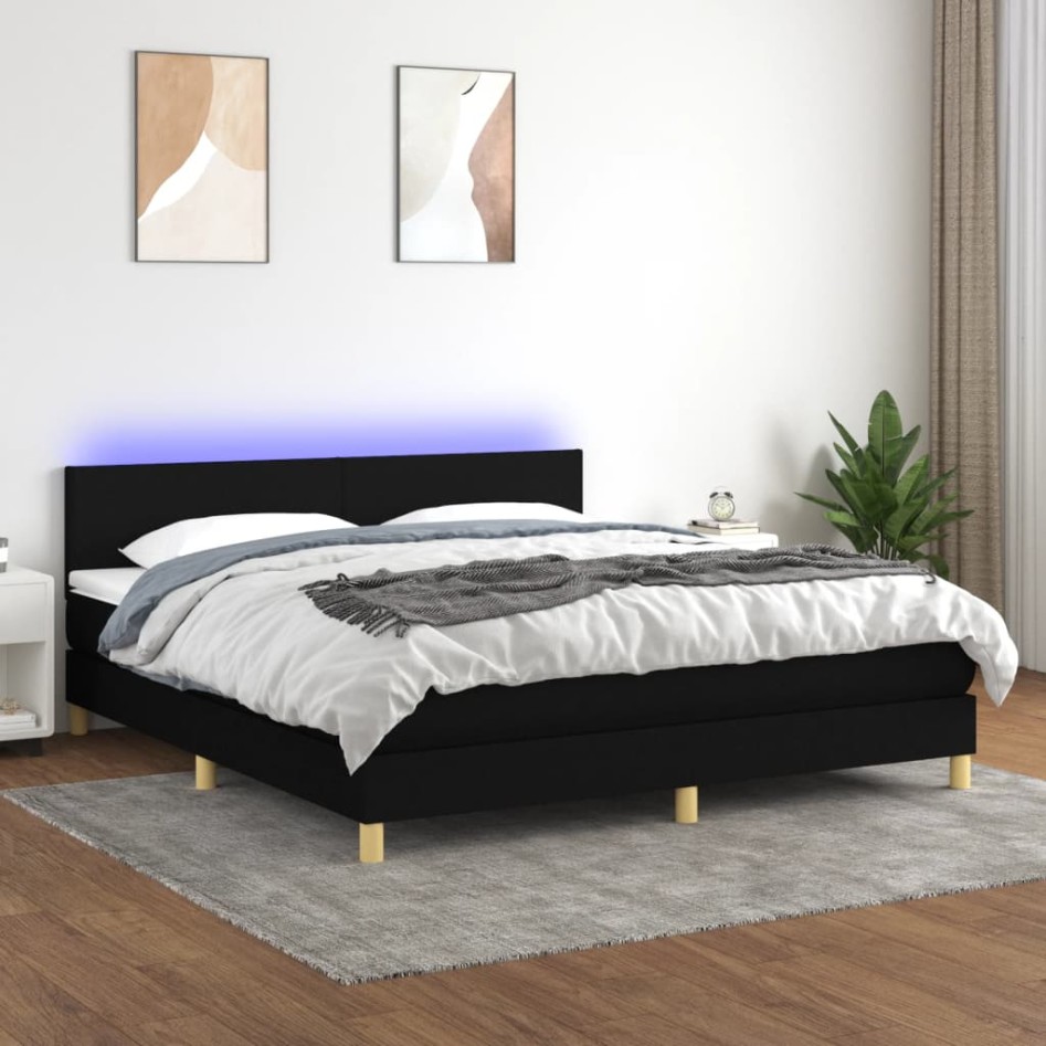 Cama box spring con colchón LED tela negro 180x200