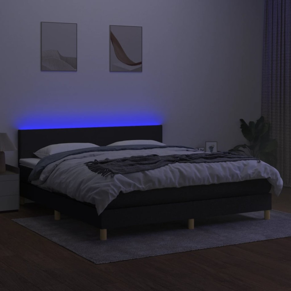 Cama box spring con colchón LED tela negro 180x200