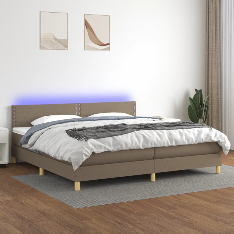 Cama box spring con colchón LED tela gris taupe 200x200