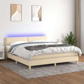 Cama box spring con colchón y LED tela crema 160x200