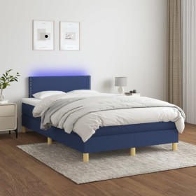 Cama box spring con colchón y LED tela azul 120x200
