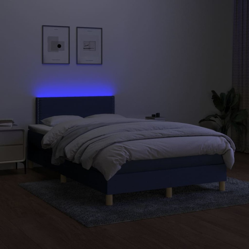 Cama box spring con colchón y LED tela azul 120x200