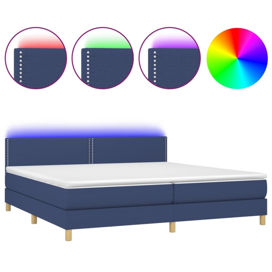 Cama box spring con colchón y LED tela azul 200x200