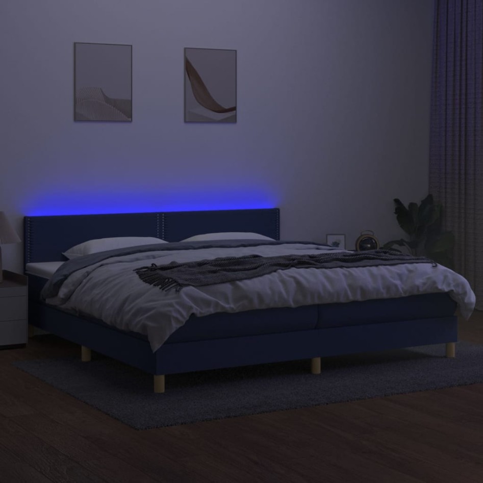 Cama box spring con colchón y LED tela azul 200x200