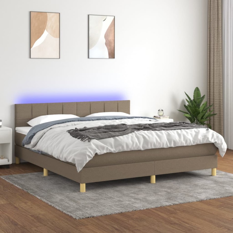 Cama box spring con colchón LED tela gris taupe 160x200